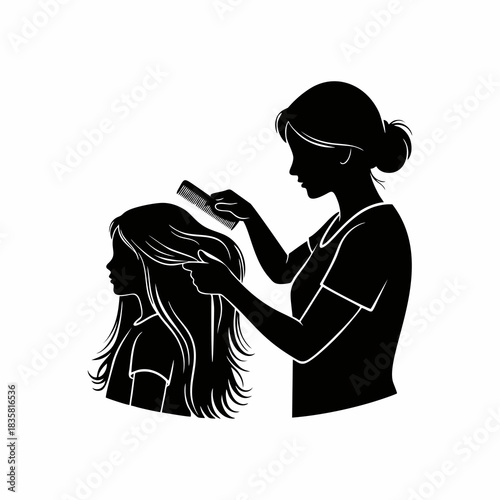 Mother or Stylist Brushing Daughter's Long Hair Silhouette