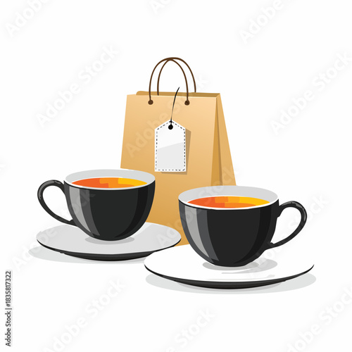 Elegant tea service with shopping bag suggesting a relaxed afternoon purchase moment