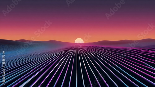 an artistic rendering of a futuristic landscape under a vibrant, multi colored sky at what appears to be either sunrise or sunset