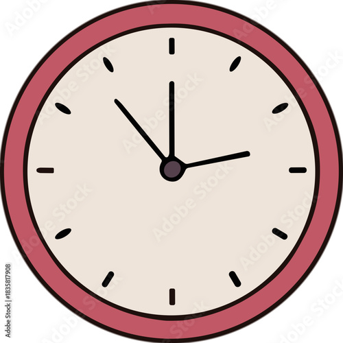 Round Pink Framed Analog Clock with White Face and Black Hour Minute and Second Hands Showing Approximately Ten Past Two oclock on a Plain Background Simple Flat Design