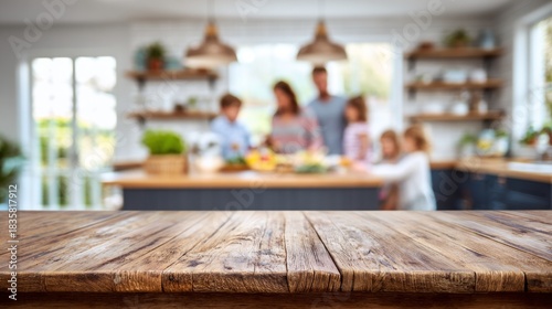 a warm family moment in a kitchen, where a group of people is gathered around a large, rustic wooden dining table