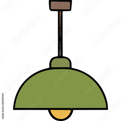 Rustic Green Pendant Light Fixture With Warm Yellow Bulb Hanging From Brown Ceiling Mount Isolated on Black Background