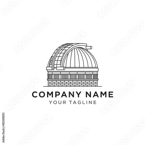 Detailed Line Art Illustration of an Observatory Building with Dome and Telescope.