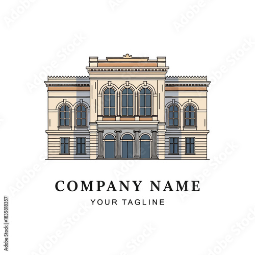 Elegant Neoclassical Building Illustration with Arched Windows and Detailed Facade.