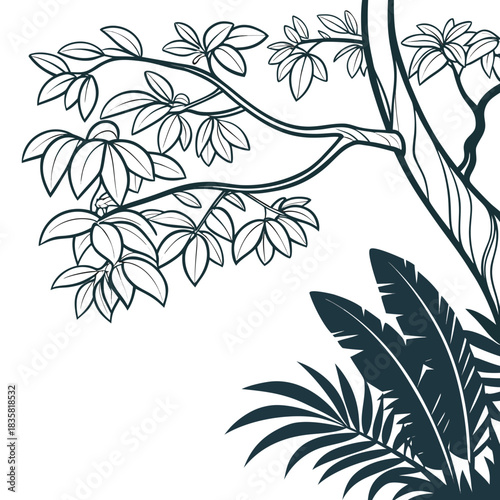 Stylized dark green outline drawing of lush tropical jungle foliage and branches with large leaves and palm fronds against a clean white background