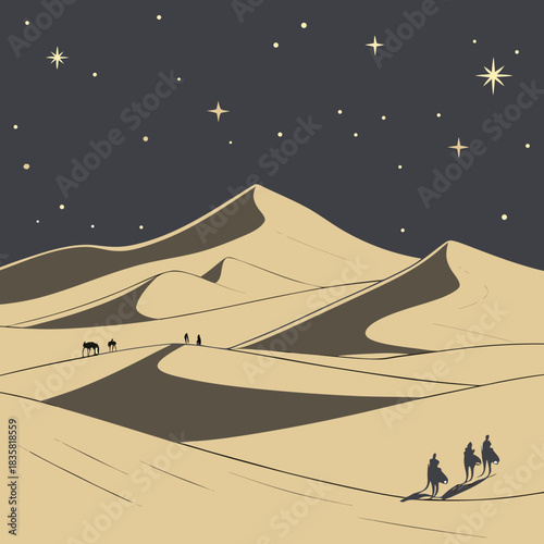 Stylized desert landscape at night with rolling sand dunes under a starry sky featuring silhouettes of camels and travelers on a journey
