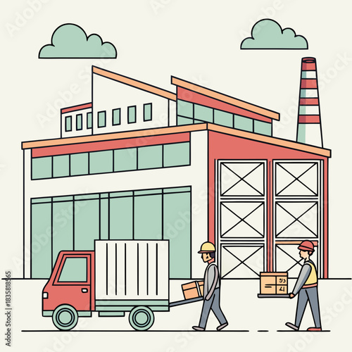 Modern factory building with workers loading boxes onto a truck representing logistics manufacturing and industrial operations with clouds in the background