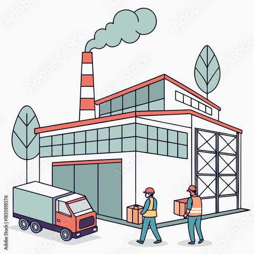 Modern industrial factory building with a smokestack emitting smoke a delivery truck and workers carrying boxes representing manufacturing and logistics