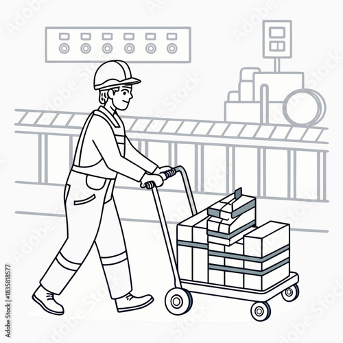 A factory worker wearing a hard hat and overalls pushes a cart loaded with boxes along a production line with machinery in the background