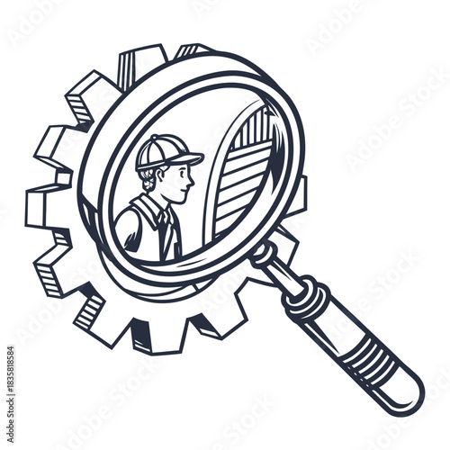 Magnifying glass examining a cogwheel with a person inside symbolizing inspection analysis and the search for talent within a system or organization