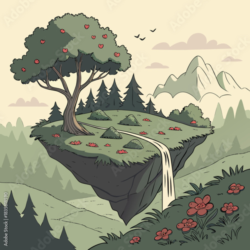 Enchanting floating island paradise with a cascading waterfall lush green grass a majestic apple tree laden with heart shaped fruits and distant snow capped mountains under a serene sky
