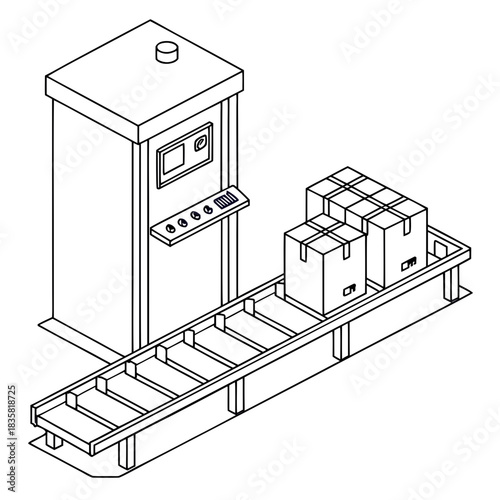 Isometric line art illustration of a modern automated conveyor belt system with boxes and a control panel machine for industrial production and logistics