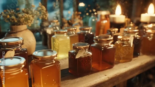 Assorted Jars of Honey on a Rustic Wooden Shelf