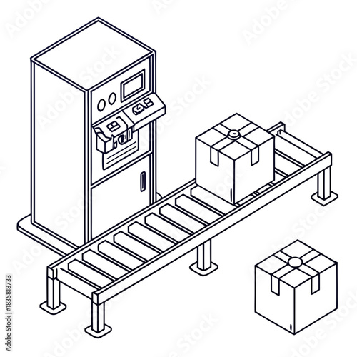 Isometric line art illustration of an automated packaging machine and conveyor belt system with boxes ready for processing and one box beside the line