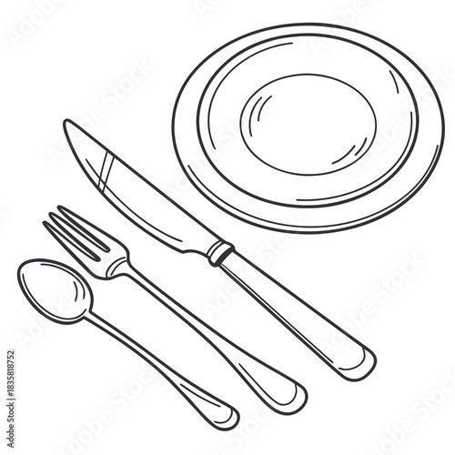 A simple line drawing illustration of a plate with a fork knife and spoon arranged neatly beside it ready for a meal