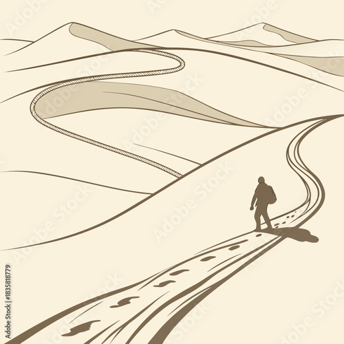A lone traveler walks on a winding path through rolling sand dunes under a vast empty sky leaving footprints in the sand