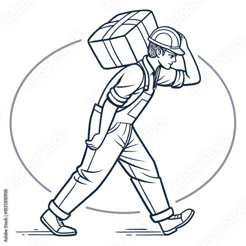 A construction worker wearing a hard hat and overalls carries a large box on his shoulder walking with a determined stride symbolizing hard work and delivery