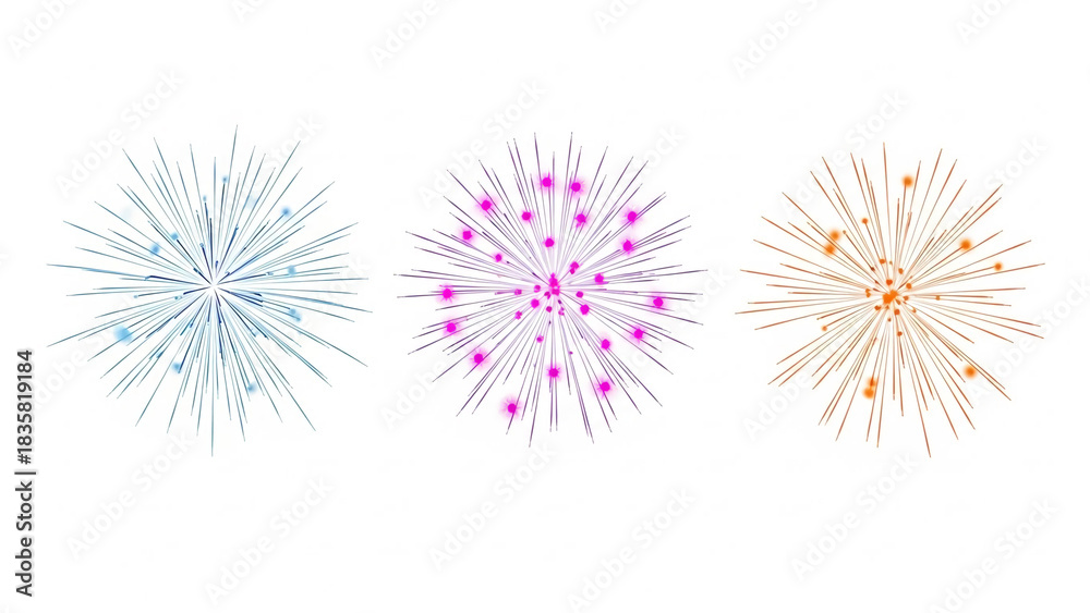 Obraz premium Set of colorful firework illustrations festive vector design elements for holiday celebrations isolated on white background