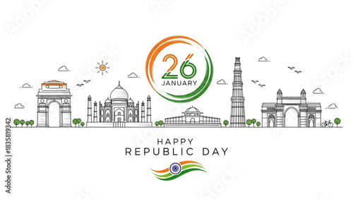 Happy Republic Day Celebration Outline Vector Illustration Showing Famous Indian Monuments Like India Gate Taj Mahal Qutub Minar With Tricolor 26 January Graphic And Waving Flag Icon