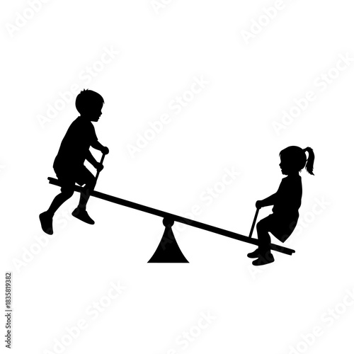 Illustration Two children playing seesaw with a white background