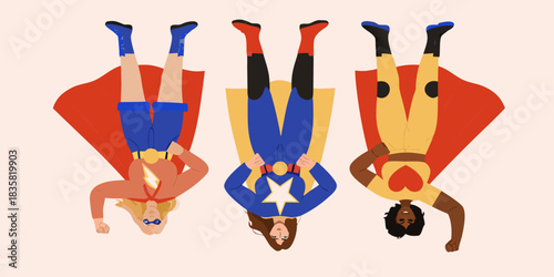 Diverse group of superheroes flying upside down with capes and costumes