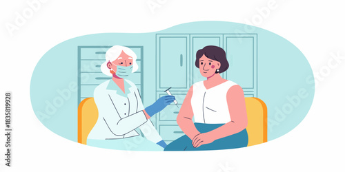 Doctor administering a vaccine to a patient in a medical office illustration