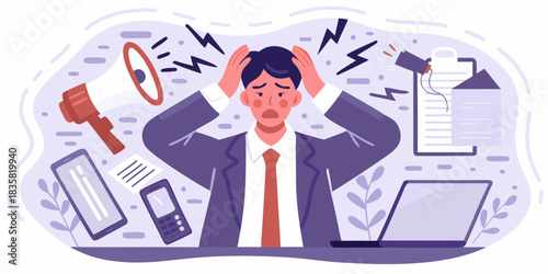 Stressed businessman overwhelmed by work and noise illustrated in a flat vector style