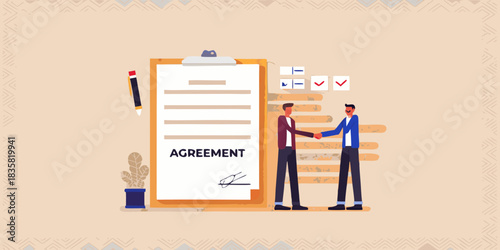 Business partners shaking hands after signing an agreement with a contract illustration