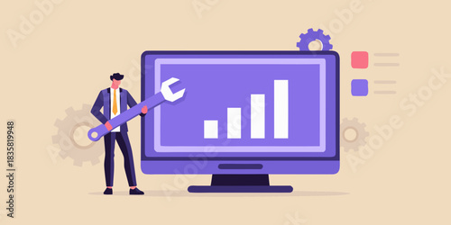 Businessman fixing website analytics with wrench and improving data performance
