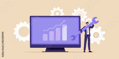 Businessman holding wrench near computer monitor with growing business graph and gears