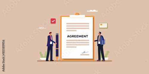 Business partners finalizing an agreement with a contract and signature illustration