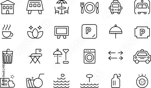 Hotel amenities line art symbols collection