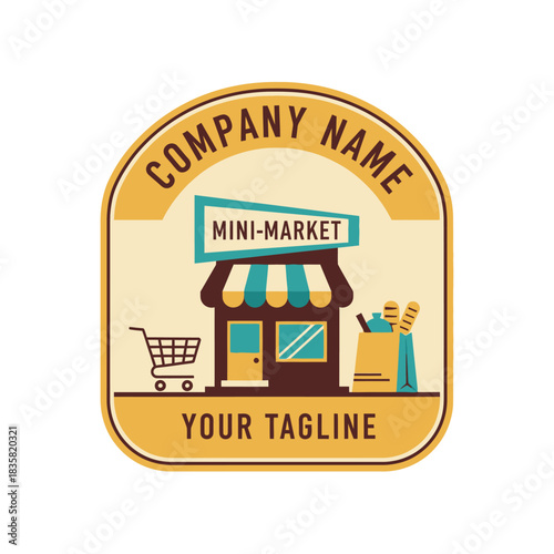 Mini Market Logo Design with Shopping Cart and Paper Bag.