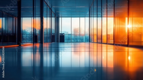 Empty modern office space with glass walls reflecting a vibrant sunset, creating a contrasting warm and cool atmosphere inside the room