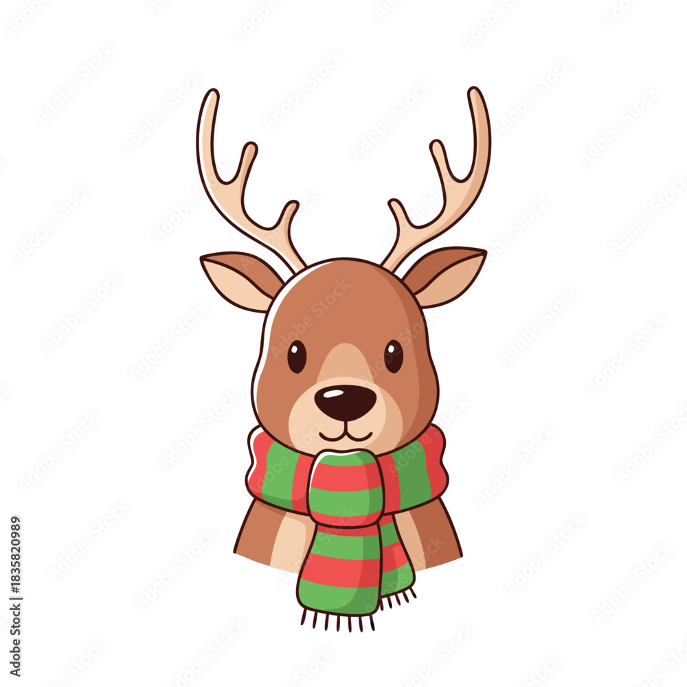 Fototapeta premium Adorable cartoon reindeer head wearing a festive red and green striped winter scarf, a cute Christmas animal character illustration