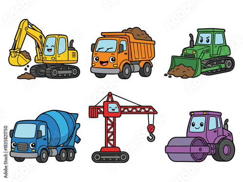 Cartoon Construction Vehicles with Smiling Faces.