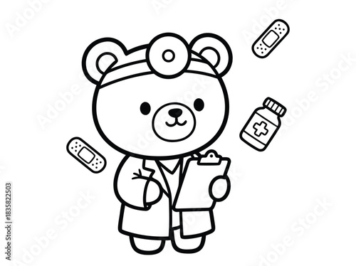 Cute Bear Doctor with Medical Accessories Illustration.