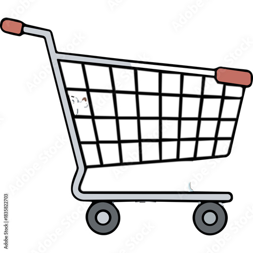 Simple Gray Shopping Cart With Red Handles and Black Grid On Wheels Against Black Background Ideal For E Commerce And Retail Concepts