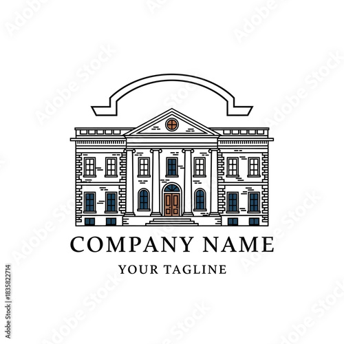 Vintage architectural illustration of a grand classical building logo.