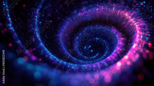 Colorful digital spiral vortex with glowing blue and pink particles creating a futuristic and dynamic visual effect