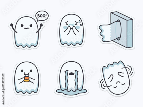 Cute Ghost Emotions Vector Illustration Set.