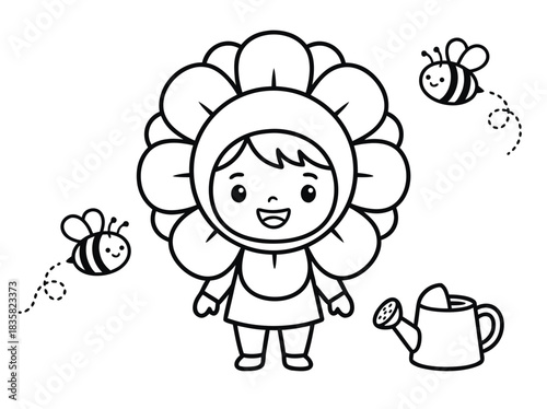 Cute Flower Child with Bees Coloring Page.