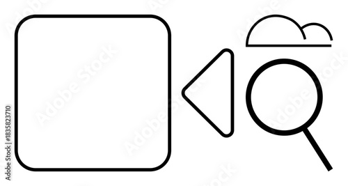 Geometric shapes including square, triangle, cloud, and magnifying glass represent video, technology, cloud computing, and search. Ideal for media, analysis tech innovation connectivity