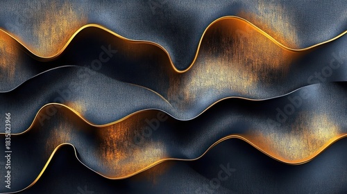 Abstract dark wavy metallic layers with glowing golden edges creating a textured, flowing and dynamic visual effect