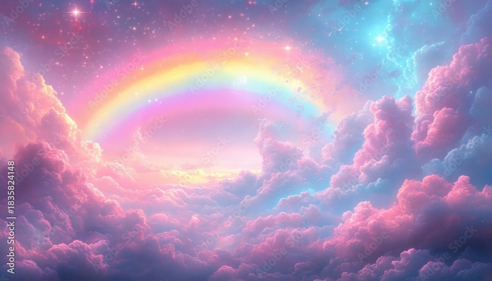 Obraz premium Dreamy pastel sky filled with soft pink and blue clouds under a glowing starry night with a vibrant rainbow arcing gracefully across the horizon
