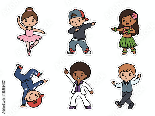 Diverse Cartoon Kids Dancing and Performing Arts.