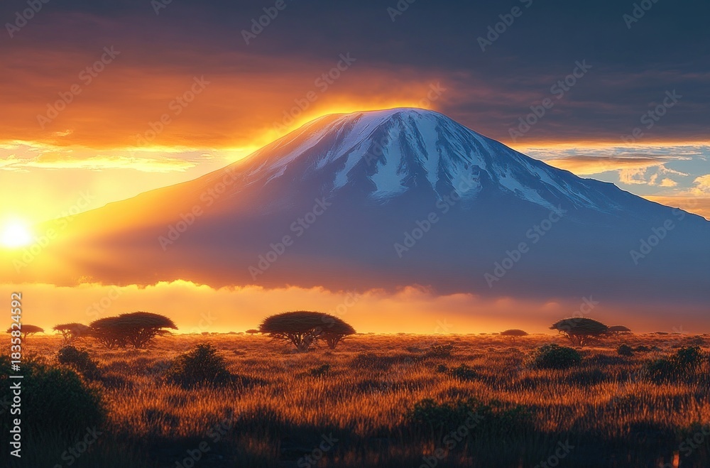 Obraz premium Sunset casting golden light over a vast savanna with scattered acacia trees and a large snow-capped mountain in the background under a partly cloudy sky