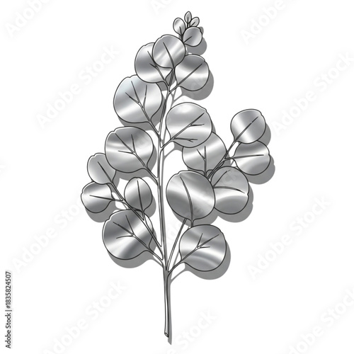 Elegant metallic eucalyptus sprig isolated on white for modern botanical designs and sophisticated natural themes creating calming, stylish visual appeal