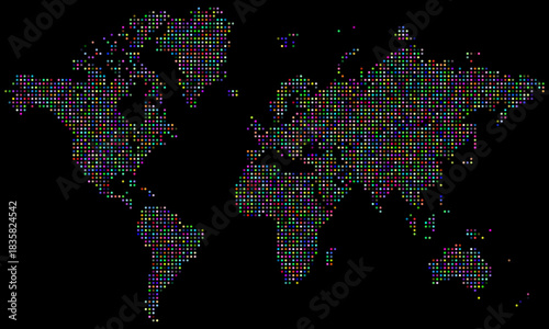 World map with digital global planet earth showing colourful dot pattern. Halftone multicolour dotted pattern vector infographic world map design displaying continents and country of earth
