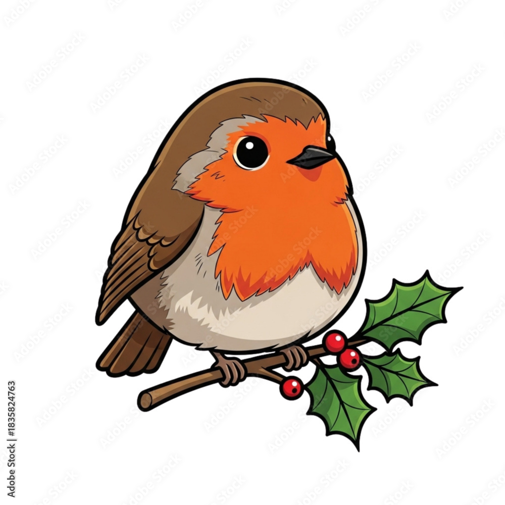 Fototapeta premium Delightful robin perched on holly branch, a charming touch of winter's joy and natural beauty, perfect for seasonal greetings and festive designs